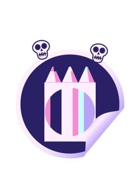 Renkli kalem paketinin dönen kafatası animasyonu grafik vektör illüstrasyon dairesel etiketi