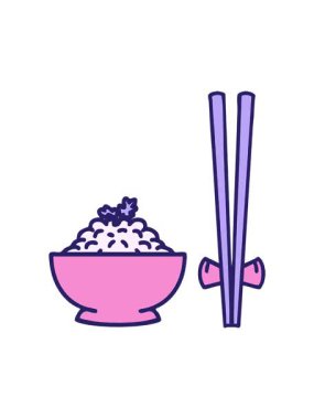 Japon pilavının yemek çubuklarıyla desenli kasede dönen hareketli animasyonu.