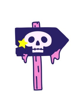 Parıldayan yıldızlar, kafatası olan ürkütücü bir cadılar bayramı tabelasının çizgi filmini canlandırıyor.