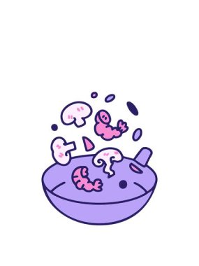 Kızarmış karides ve mantar Brezilya yemeği çiziminin animasyonunu genişletiyor.