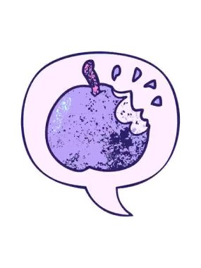 Titreyen hareket animasyonu çizgi film taze ısırılmış elma konuşma baloncuğu ile retro doku tarzı