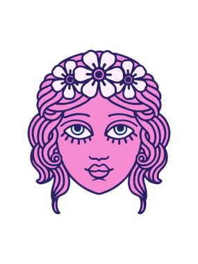 Geleneksel kadın yüzlü, çiçek tacıyla dövmenin hareketli hâli.