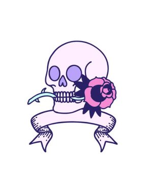 Kafatası ve gül pankartıyla geleneksel dövmenin basınçlı canlandırması