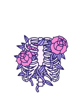 Kaburga kafesi ve çiçeklerin dövmesel görüntüsünü genişletiyor.