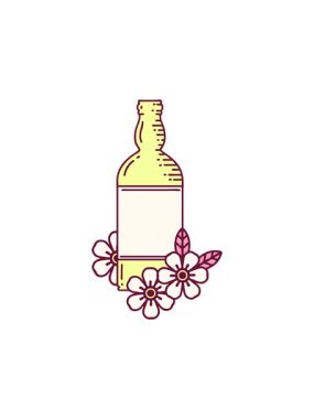 Dikkat çekici bir animasyon. Simgesel dövme tarzı. Rom şişesi ve parlak renkli çiçekler.