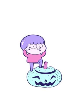 Büyük balkabağına tırmanan çizgi film çocuğunun hareketli animasyonu