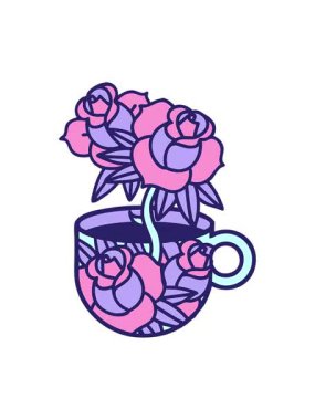 Dövmenin geleneksel kupa ve çiçek tasarımı tarzında basınçlı canlandırması