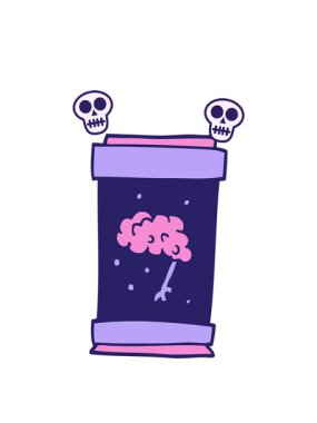 spinning skulls animation of cartoon doodle brain in jar