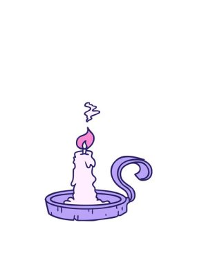 Bir mum tutacağının çizgi film karalaması ve yanan bir mum.