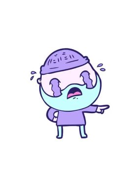 Çizgi filmdeki ağlayan sakallı adamın gösterişli satış animasyonu.