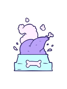 Çizgi film animasyonunun pixelize etkisi. Pişmiş hindinin tamamı mutlu bir Noel yavrusu için bir köpek kasesine tıkıştırılmış.