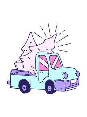 Ağaçları taşıyan geleneksel dövme kamyonu çiziminin basınçlı canlandırması