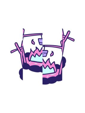 Bir kamp alanının el çizimi karikatürünün bölünmüş hareketi.