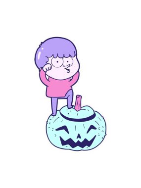 Çizgi filmci çocuğun dev bir balkabağına tırmanışını salla ve durdur