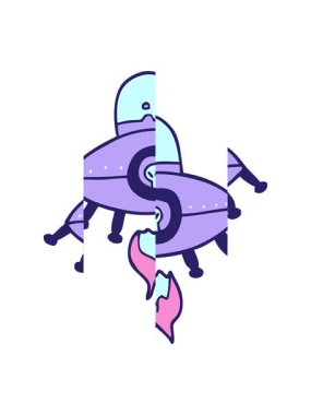 Karikatür karalama uzay gemisinin bölünen hareketi.