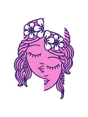 Dövmenin hareketli animasyonu geleneksel kadın yüzü tarzında gözleri kapalı.