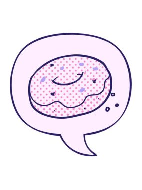 Çizgi roman tarzında konuşma baloncukları serpiştirilmiş çizgi film donutunun hareketli animasyonunu oynat