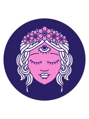 İkonik dövme tarzının hareketli animasyonu. Üçüncü gözü ve çiçek tacıyla kadın yüzü.