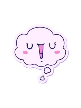 Yazılı çıkartma olarak düşünce baloncuğu olan mutlu bir çizgi film suratının animasyonuna dikkat çekmek