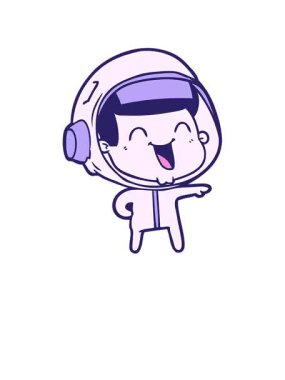 Kalk ve mutlu çizgi film astronotunun animasyonunu uçur.