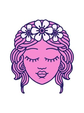 Dövmenin hareketli animasyonu geleneksel kadın yüzü tarzında gözleri kapalı.