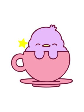 Parıldayan yıldızlar, parlak renkli çay fincanında oturan sevimli bir kuşun çizgi filmini canlandırır.