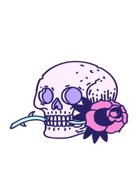 Dövmenin hareketli animasyonu geleneksel kafatası ve gül karikatürü tarzında.