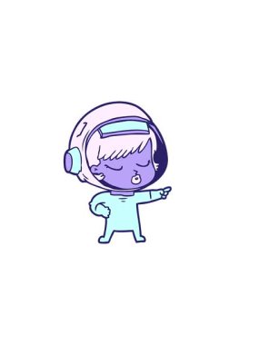 Çizgi filmin yatay titreşimli animasyonu güzel astronot kızı işaret ediyor.