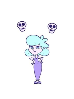 Kalçasında elleri olan çizgi film kızı kafatası animasyonu.