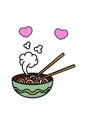 Yemek çubuklarıyla şehriye buharı tüten kalp animasyonu.