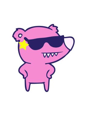 Parıldayan yıldızlar, elleri kalçalarında olan güneş gözlüklü ayı çizgi filminin animasyonunu etkiler.