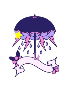 Parıldayan yıldızlar geleneksel dövmenin bir şemsiye pankartıyla canlandırılmasını etkiler.