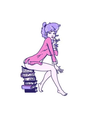 Pikselleştirme efekti dövme animasyonu geleneksel tarzda bir poster kızı kitapların üzerinde oturuyor