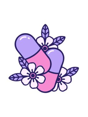 Hap ve çiçeklerin karikatür ikonik dövme imajının titreşimli hareketi