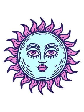 Dövmenin animasyonunu yüzlü geleneksel güneş stilinde bob ve duraklat