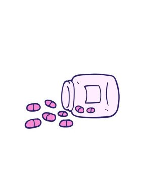 Elle çizilmiş karikatür şeklindeki hapların canlandırması yükselir ve yüzer.