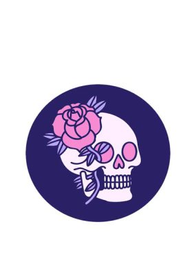 İkonik dövme tarzı bir kafatası ve gülün animasyonunu büyütüyor.