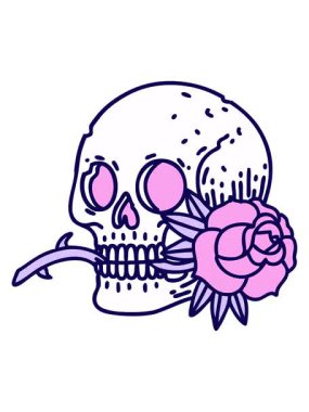 Bir kafatası ve gülün ikonik dövme görüntüsünün neon ışık efekti animasyonu