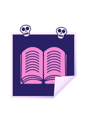 Açık bir kitabın kare soyulmuş kafatası animasyonu çıkartma karikatürü
