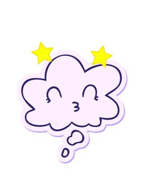 Yazılı çıkartma tasarımı olarak düşünce baloncuğu olan mutlu çizgi film yüzünün dönen yıldızları animasyonu