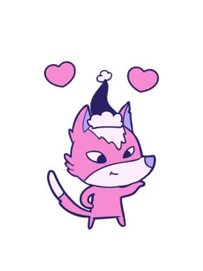 Dost canlısı el hareketlerinin dönen kalpleri. Noel Baba şapkası takan bir kurdun çizdiği çizgi.