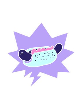 Basınç çizgi film animasyonunu canlandırıyor. Taze lezzetli sosisli ve retro tarzı konuşma balonu.