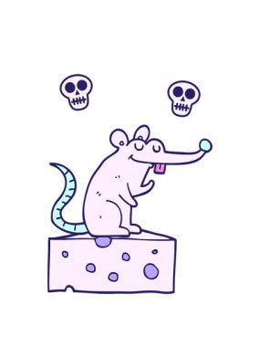 Çizgi film faresinin peynir üzerinde otururken kafatası animasyonu