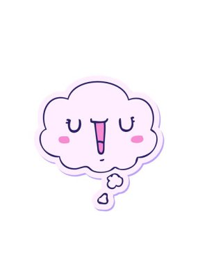 Mutlu çizgi film suratının yanıp sönen radyal çizgileri. Yazılı çıkartma olarak düşünce baloncuğu.