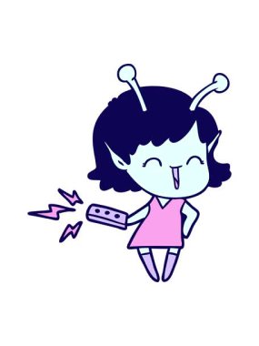 Uzaktan kumandayla gülen çizgi film uzaylısının neon ışık efekti animasyonu