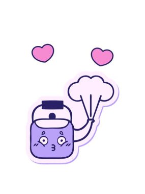 Tatlı bir çizgi filmin çıkartmasının dönen kalp animasyonu dumanı tüten bir çaydanlık.