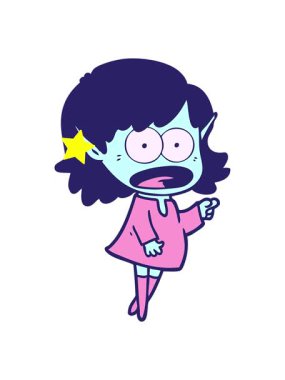 Parıldayan yıldızlar çizgi filmin animasyonunu etkiler. Şok edici elf kızı işaret eder.