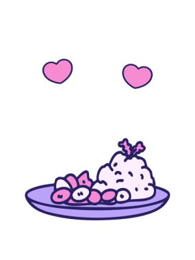 Japon pilavı ve fasulye yemeğinin dönen kalpleri.