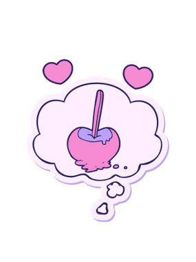 Karikatür şekerleme elma animasyonu üzerinde düşünce kabarcığı olan basılı bir çıkartma.