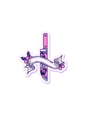 Hançer ve çiçek pankartıyla dövme stili çıkartmanın radyoaktif ışıltılı animasyonu